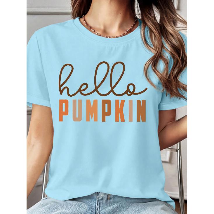 Brown-orange gradient hello PUMPKIN Autumn Vintage Handwritten English Print Short Sleeve T Women's T-shirt Soft and skin-friendly round-neck short