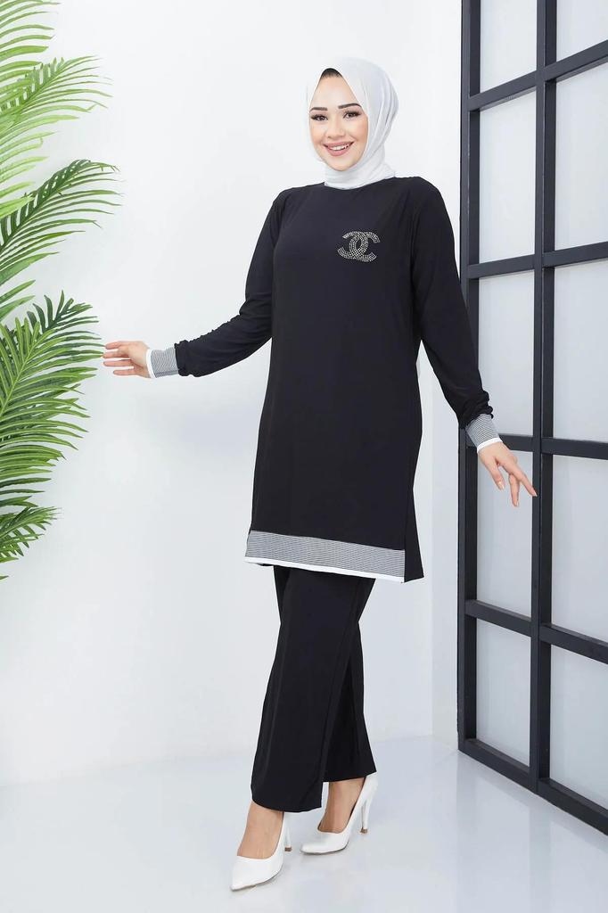 Islamska szafa damska prążkowana tunika spodnie garnitur hidżab