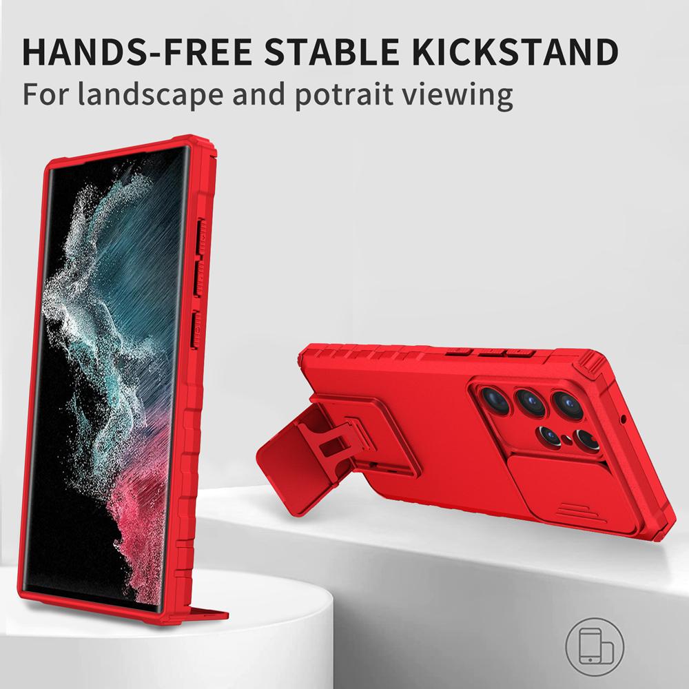 Peatkop Shockproof Case for Samsung S23 Ultra 5G S22+ S21 FE Slide Camera Lens Protection Stand Phone Cover for Galaxy Note 20
