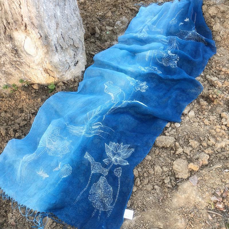 Blue Color Linen Soft Scarves Women Flower Printed Ethnic Design Scarf Summer Travelling Long Scarves