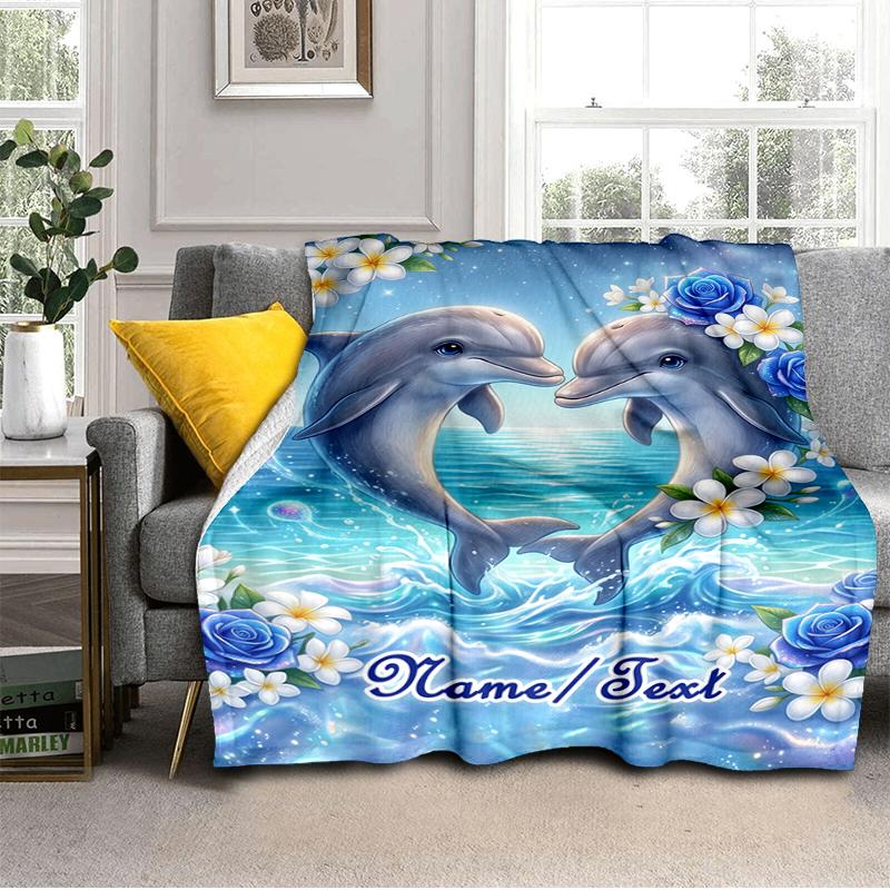 1PC Custom Name Dolphins Heart Shape Flannel Blanket Versatile,all-season Throw Suitable for the Living Room,bedroom,camping,travel,and Gift