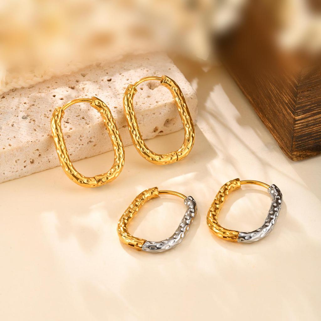 Minimalist U-shaped Earrings for Women, Gold Silver Color Hammer Pattern Stainless Steel Hoop Earrings, Trendy Jewelry Gifts
