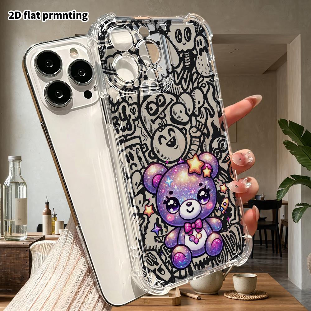 Phone Case: 2D Flat Suitable for iPhone 18 17 16 15 14 13 Pro, Transparent Four Corner Protective Case, Purple Glitter Little Bear, Christmas and Hall