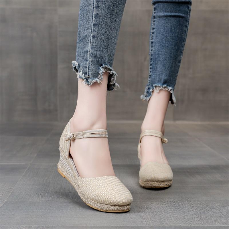 

Women s Wedge Ankle Strap Sandals Spring, Summer Boho Style Solid Color Wedge Platform Sandals Woven Walking Shoes for Footwear 34 бежевий