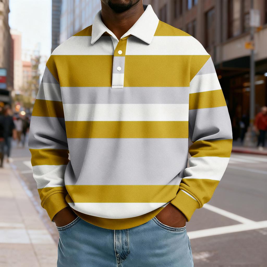 Men's Casual Loose Colorblock Print Lapel Button Long Sleeve Top