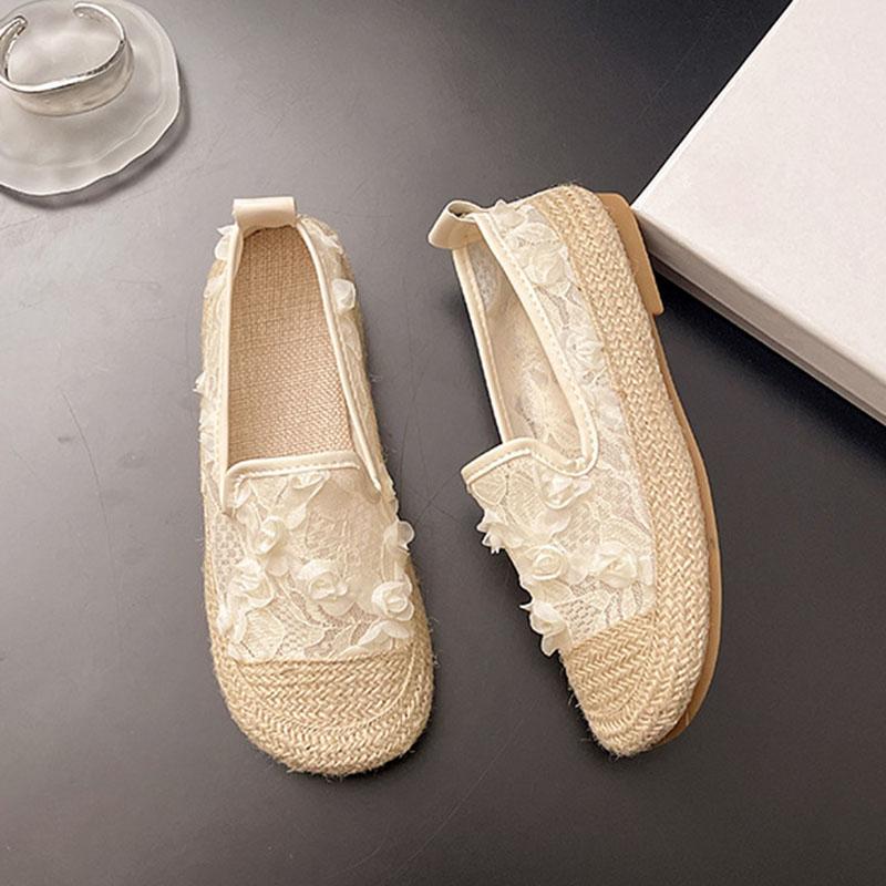 

Fashion 2025 Spring and Summer New Flat Single Shoes for Women Mesh Breathable Soft Bottom Casual Flowers Woven Slip on Mary Jane Shoes 35 бежевый