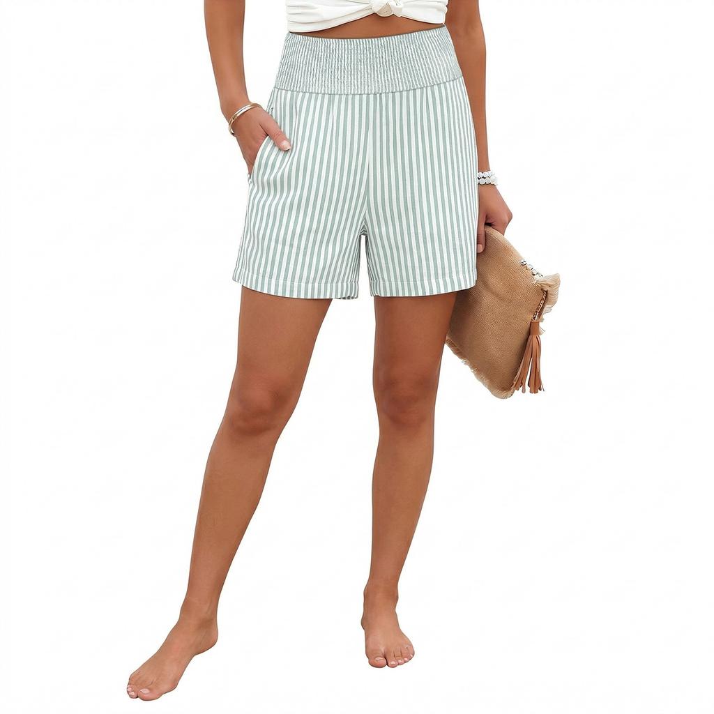 Women's Fashion Loose Pleated Elastic Waistband Pocket Striped Casual Shorts