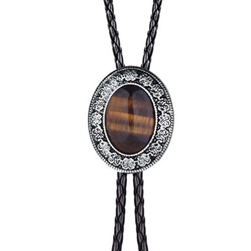 Vintage Metal Stone Black Hat Bolo Tie with Gemstones Leather Rope Pendant Necktie Jewelry Western Tie Western Necklace Costume