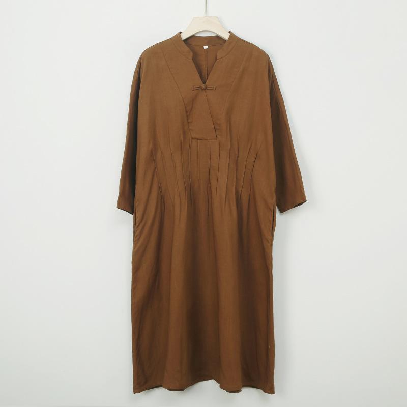 Johnature Women Vintage Dresses Stand Long Sleeve Spring Cloths Solid Color Fold Button A-Line Dresses