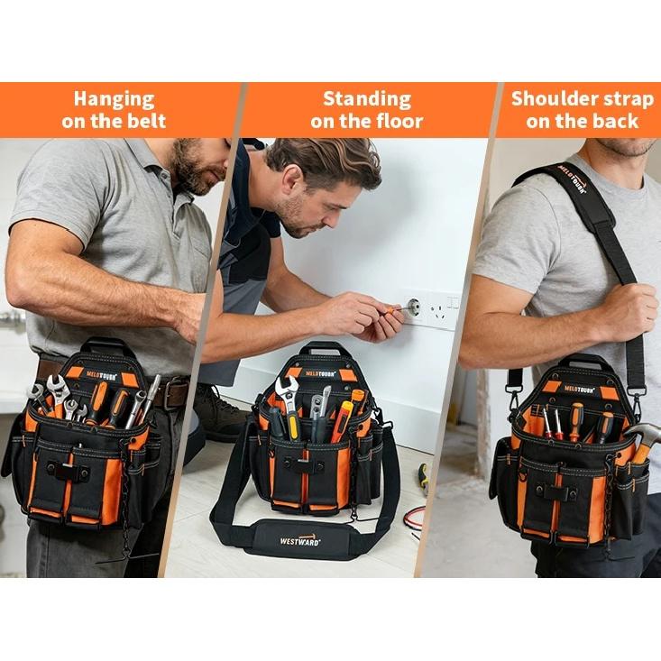 Electrician Tool Pouch Bag with Shoulder Strap,15 Pockets Tool Bag with Belt Clip,Professional Quick Release Tool Organizer
