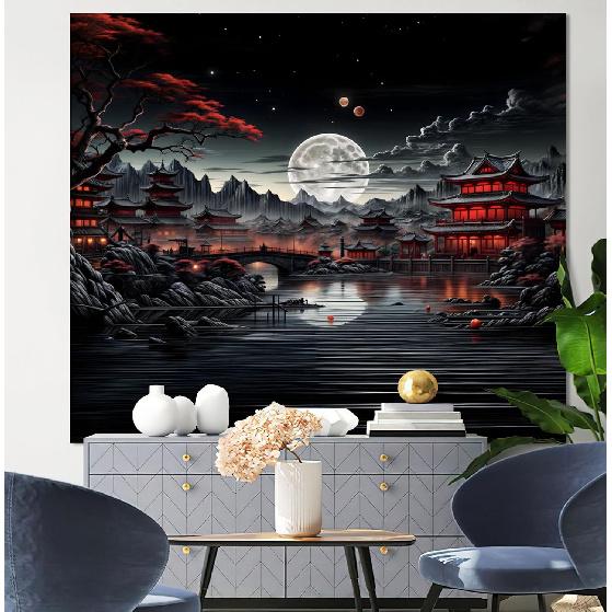 OIOVOIO Japanese Riverside Tapestry,Mountain Forest Nature Tapestry for Bedroom,Black and White Moon Landscape Wall Hanging,Aesthetic Anime Art Decor