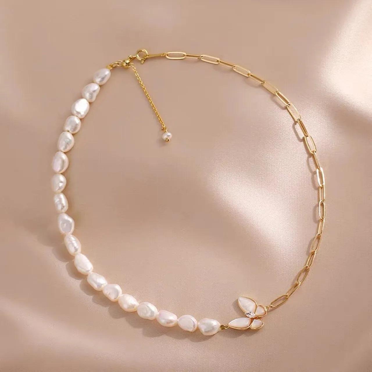 Women Freshwater Pearl Necklace Copper White Shell Butterfly Asymmetric Choker Chain Jewelry