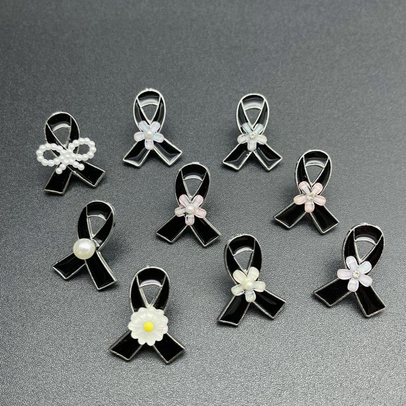 1Pcs French Romantic Pearl Brooches Jewelry Black Ribbon Awareness Pin Funeral Ribbon Badges Diy Accessories