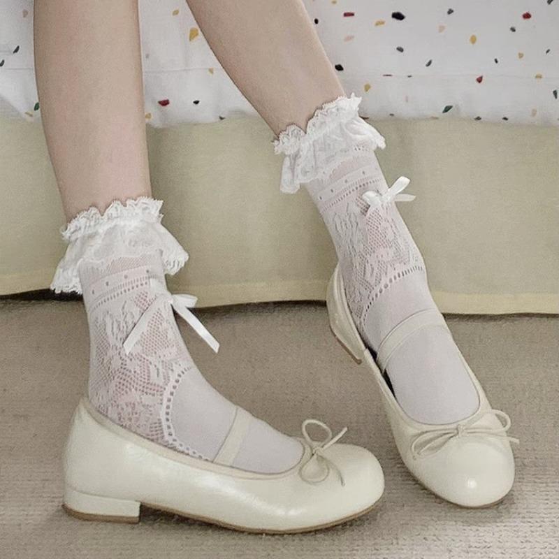 Female Spring and Summer Thin Sweet Ballet Style Bow Lace Lace In The Tube Pile Socks