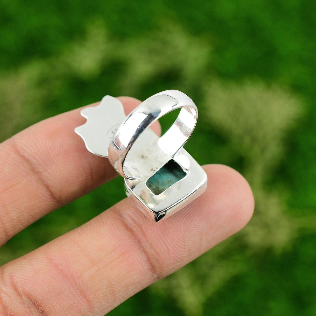 Natural Tibetan Turquoise Gemstone 925 Silver Statement Ring Size 9 For Girls