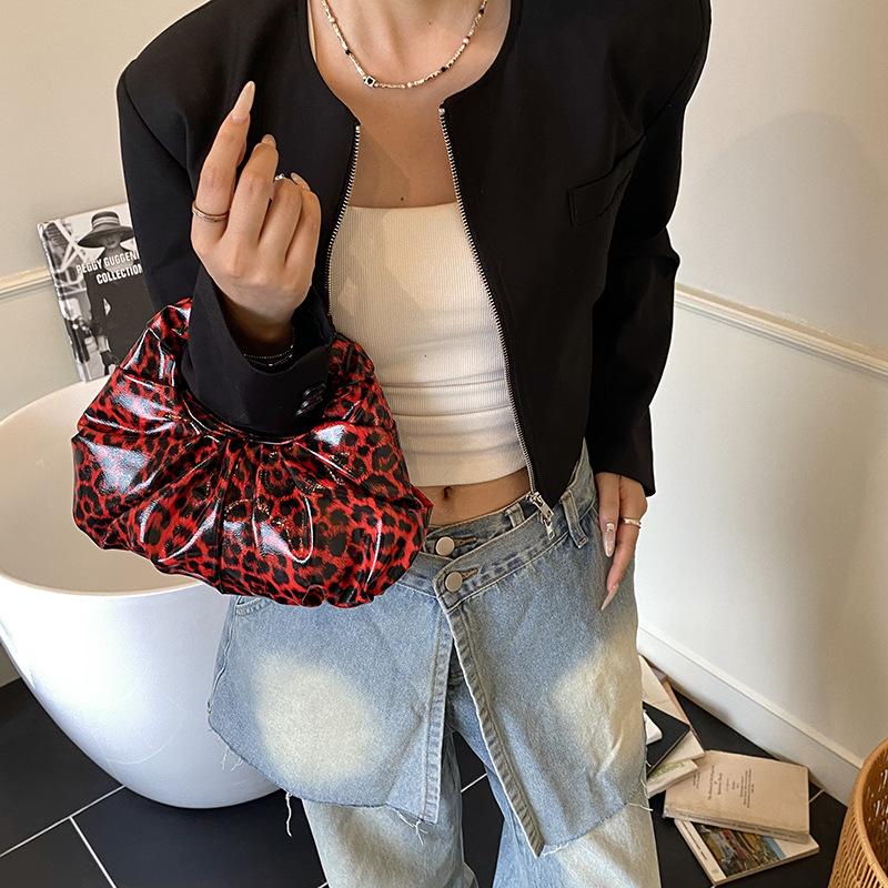 Casual Pu Leopard Print Handbag Purse Cloud Bag Pu Leather Handbag Black Fashionable Underarm Bag Students