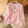 New Vintage Round-Neck Cotton Linen Embroidered Blouse Women 2025 Summer New Loose Temperament Top