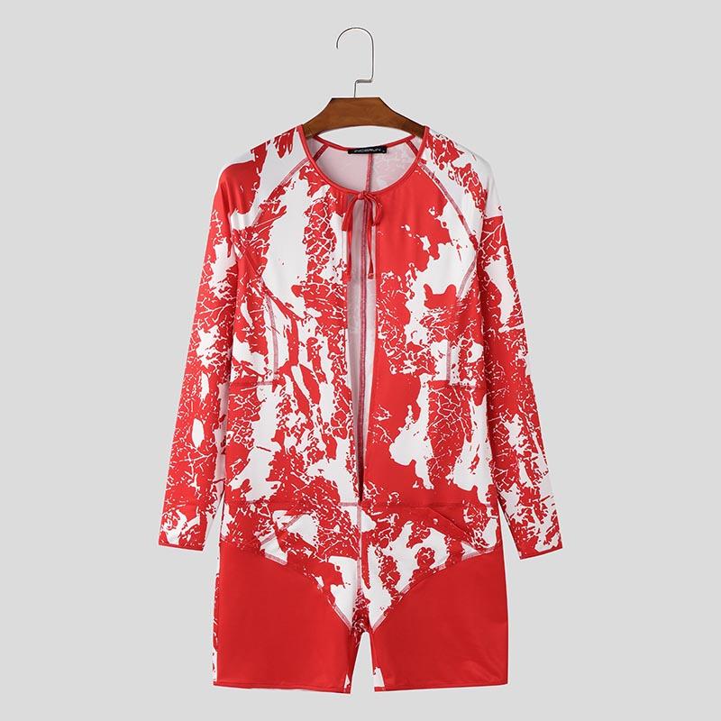 

INCERUN Мужской комбинезон с длинным рукавом и принтом, открытым передом, на шнуровке, короткий, цельный, боди, комбинезоны 3XL красный