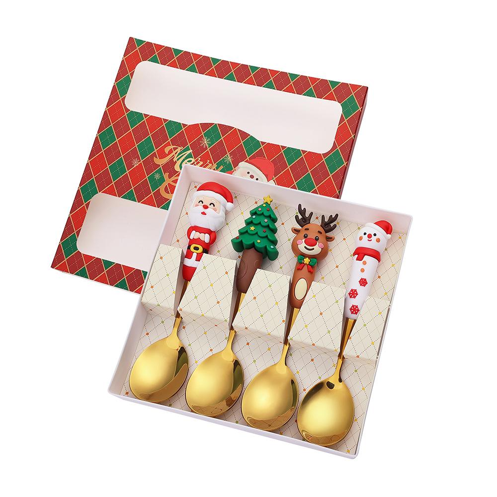 Christmas, Stainless Steel Spoon and Fork Set Santa Spoon Fruit Fork Tableware Gift Box