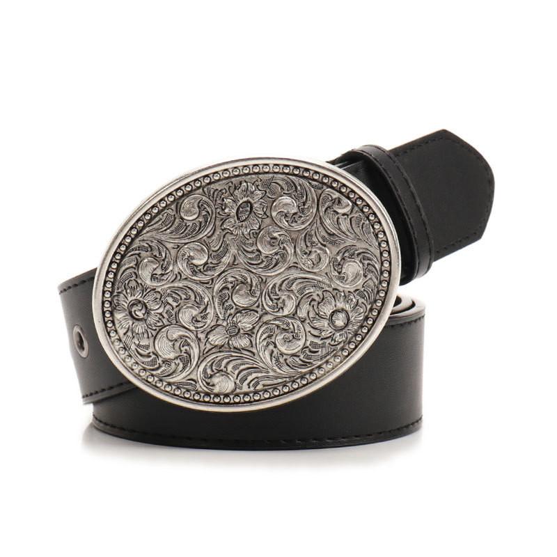 Bohemian Vintage Gem Black Leather Belt For Women With Alloy Buckle And Versatile Style