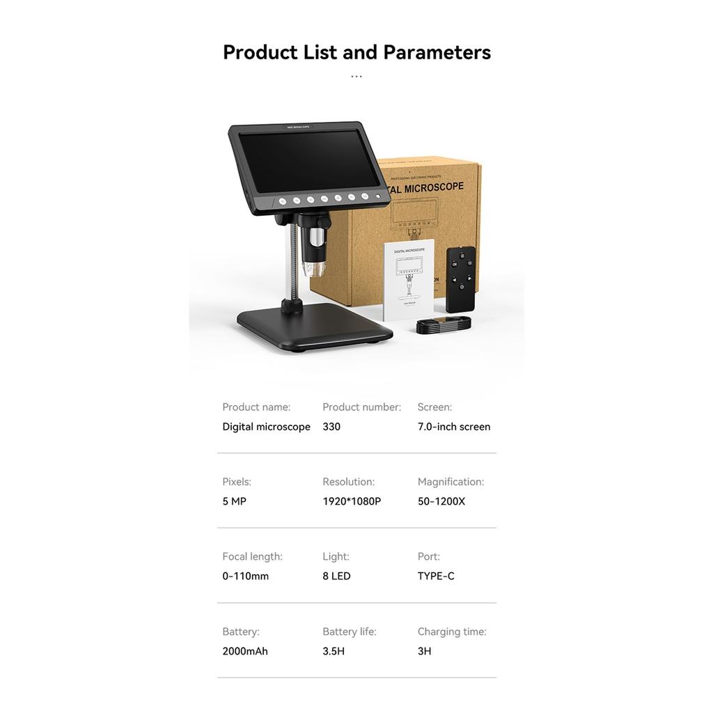7-inch IPS Digital Microscope, 5MP 1200X Ultra-precision Focus Camera 1080p Video Microscope, 8-light Emitter Diode Lamp