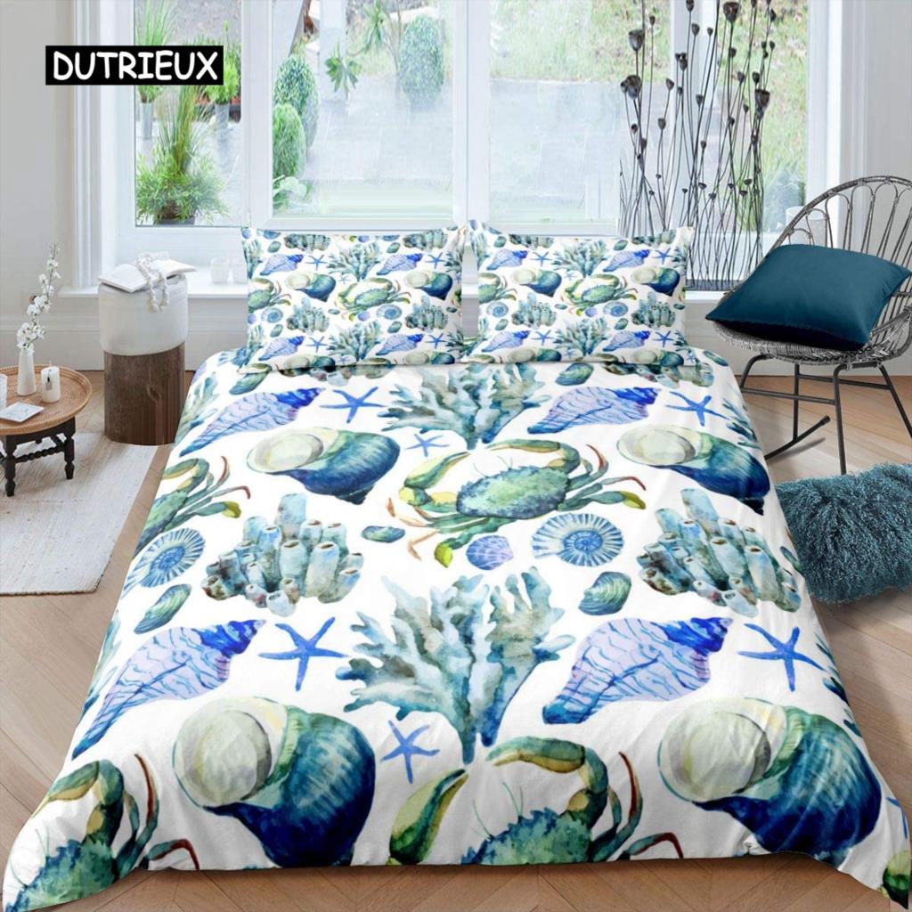 Shell Duvet Cover Hawaii Tropical Landscape Shell Bedding Set Microfiber 2/3 Pcs Marine Life Theme Double Queen King Quilt Cover