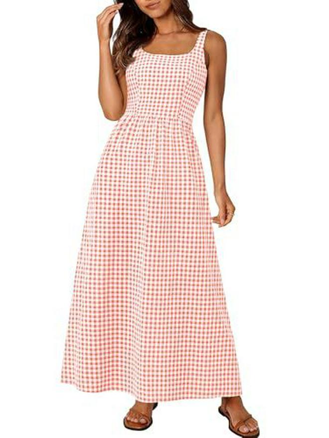 European & American Style Square Neck Plaid Shirred Dress - Fashionable Strappy Casual Women's Dress