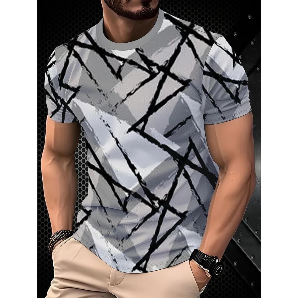 Fashionable Casual Comfortable Breathable Short Sleeved Round Neck T-shirt Summer Large Loose Creative Stripe Geometry 3D Printed Men's T-shirt