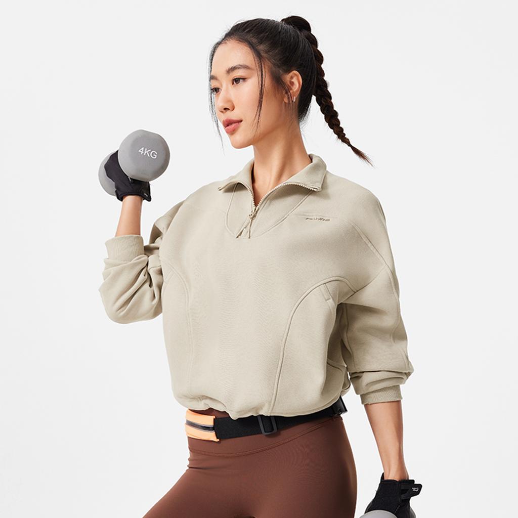 Li-Ning Bequemes lässiges Fleece einfaches Sweatshirt mit hohem Kragen Damen Sweatshirt Staubgrau AWDU558-2