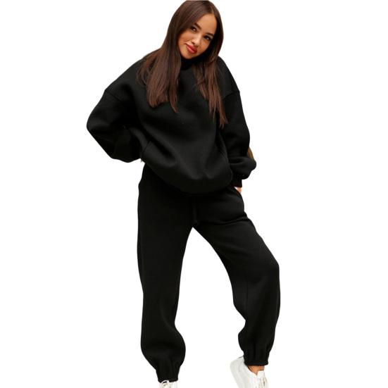 2 Pcs/Set Women Autumn Tracksuit Solid Color Loose Elastic Waist Thick Hooded Keep Warm Pocket Elastic Cuff Deep Crotch Winter