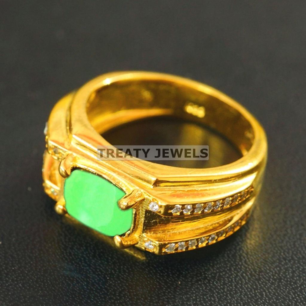Jade Oval Cut With 925 Sterling Silver Gold Plated Ring For Men's #B143 JL375671584174