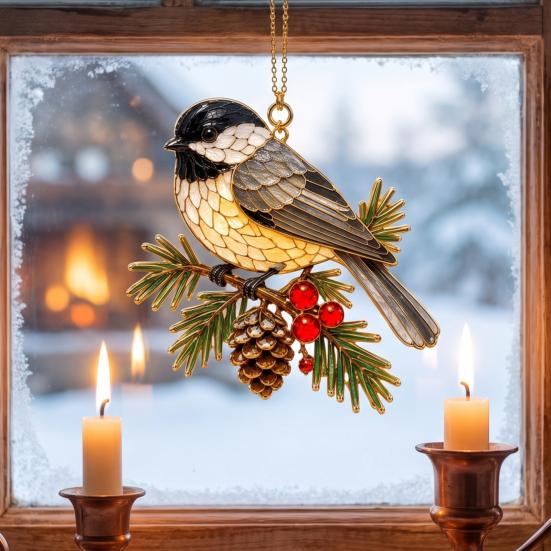 Winter Bird Gift for Friends Christmas Ornament, 2D Acrylic Hanging Decor with Gold Edge, Festive Garlands Red Hummingbird Blue Jay, Holiday