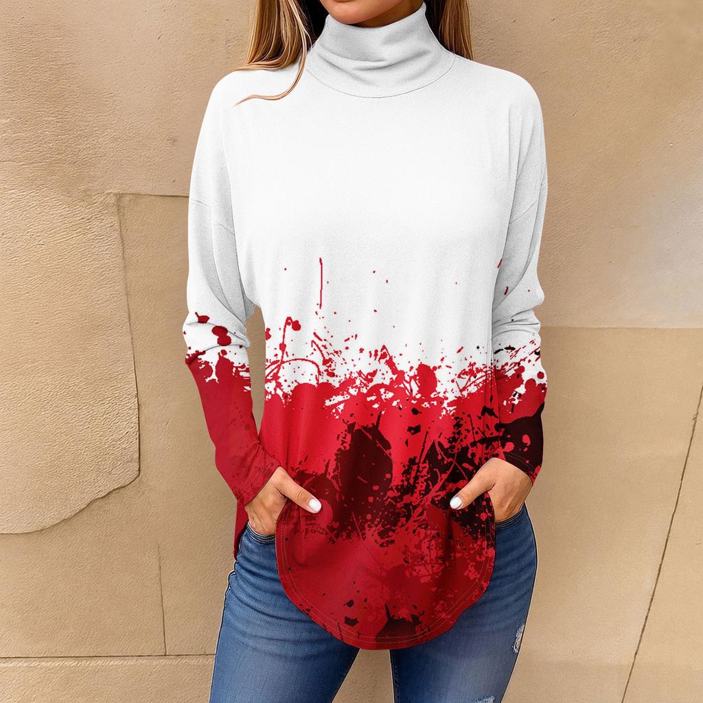 Tee Shirts For Women Fall Casual Long Sleeve Shirts Sweatshirt Vintage Printed High Neck Top Pullover