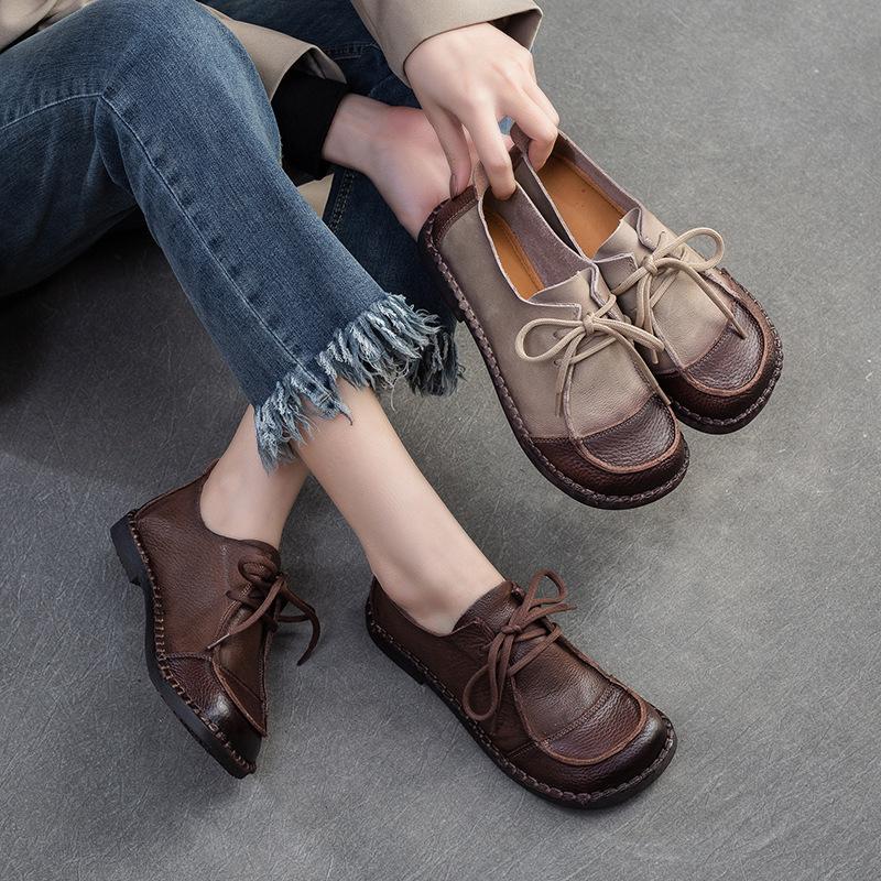 High Quality 2CM 2025 Spring New Soft Leather Soft Sole Vintage Style Single Shoe Front Lace Casual Comfortable Women's Shoe