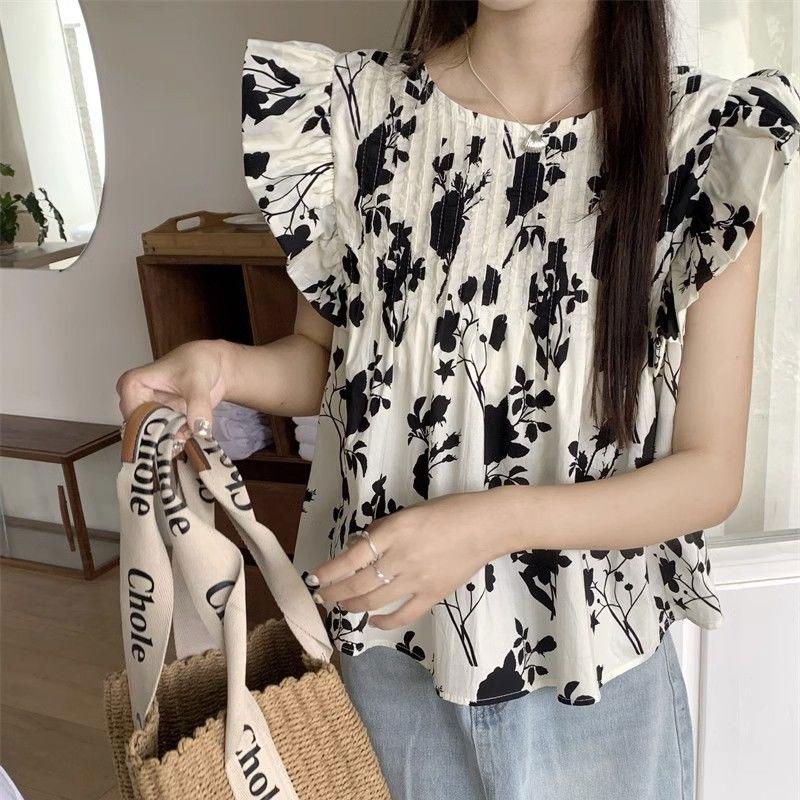 Broken Flowers Flying Sleeve Shirt Women's Clothing Loose Casual Round Neck 2024 Summer Stylish Pleated Vintage Elegant Blouse