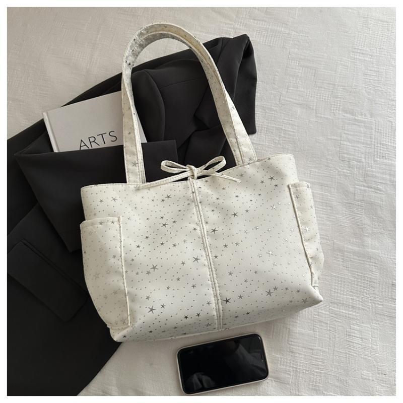 Light Blue Tote Bag With Glitter Star Pattern Bow Decor Multi Pockets For School Shopping Daily Outings Travel