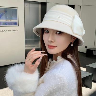 Hat Women's Autumn and Winter New Woolen Basin Hat Bucket Hat British Retro Celebrity Bow Dome Woolen Top Hat