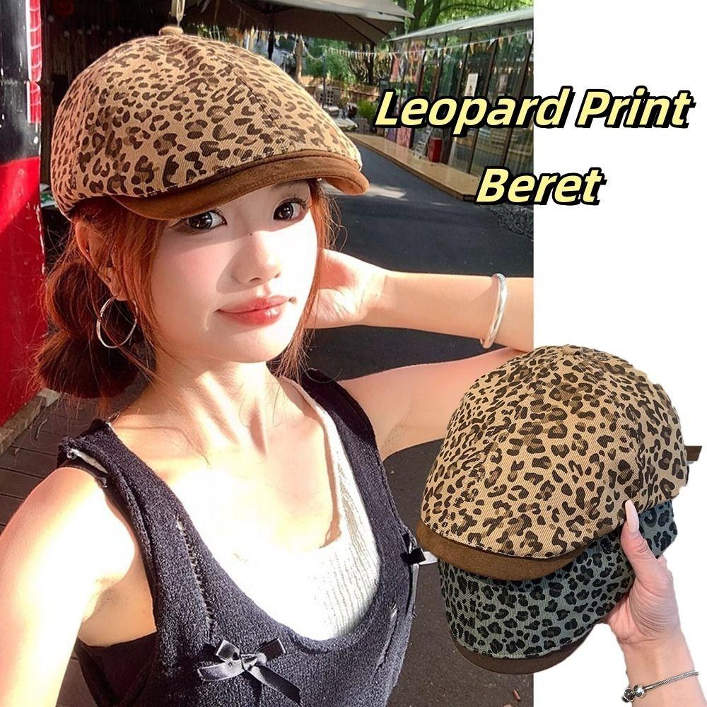 Vintage Leopard Newsboy Cap Y2k Painter Cap American Leopard Print Beret  Spicy Girls
