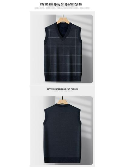 Dad's Fleece-Lined Sweater Vest: Warm Knitted Base Layer for Middle-aged and Elderly Men in Autumn and Winter.