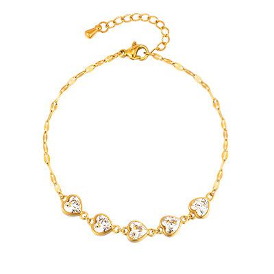Fashion 18K Gold Stainless Steel Lip Chain 5 Zircon Heart Bracelet Ladies 2565