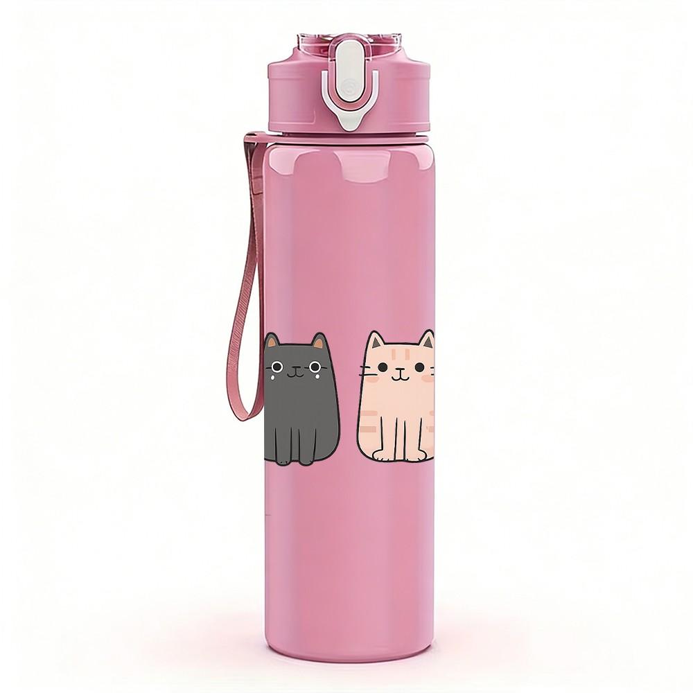 1PC Three Minimal Cat Faces 750ml Color Plastic Sports Water Bottle Leakproof Flip Straw Lid Suitable for Sports Office Home Use