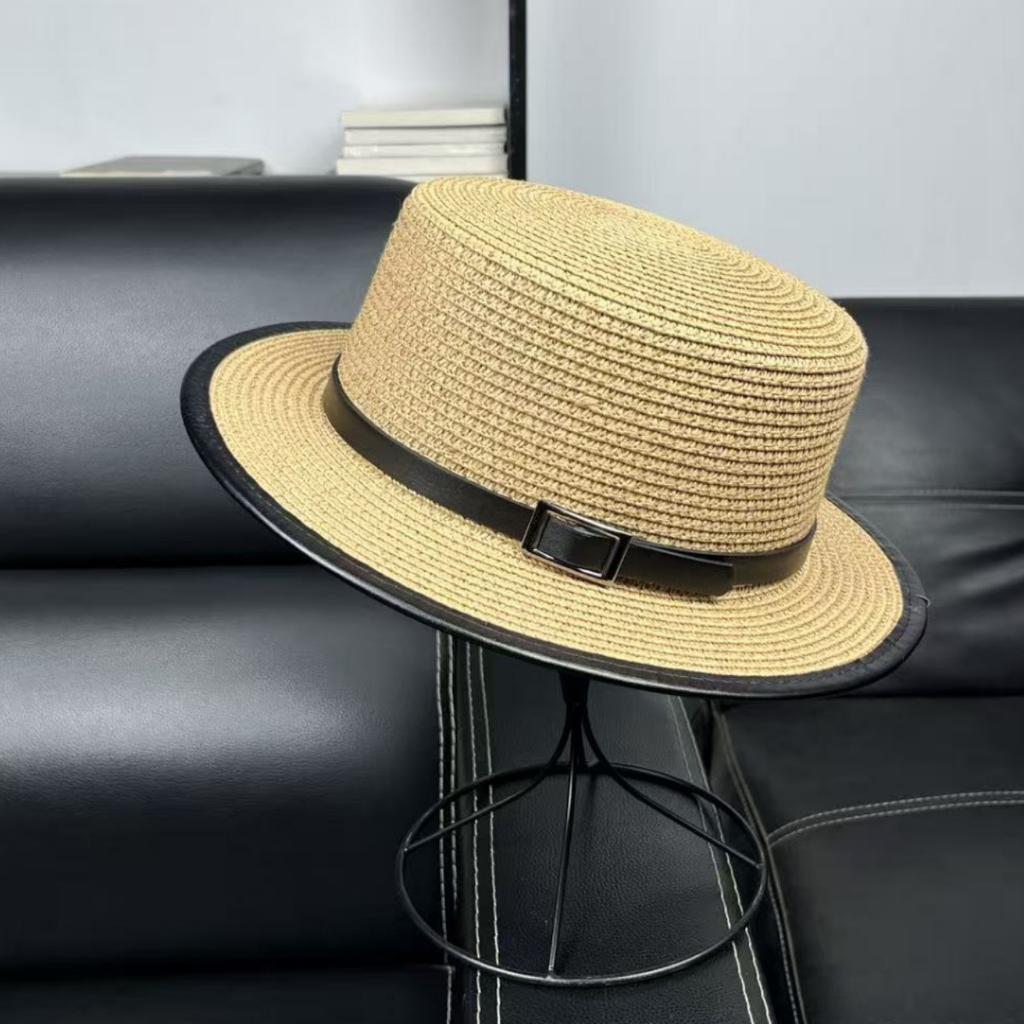 Korean Version of White Flat-top Straw Hat Women's Summer Travel Sunshade Sunscreen Beach Hat Shopping Fashion Small Edge Top Hat