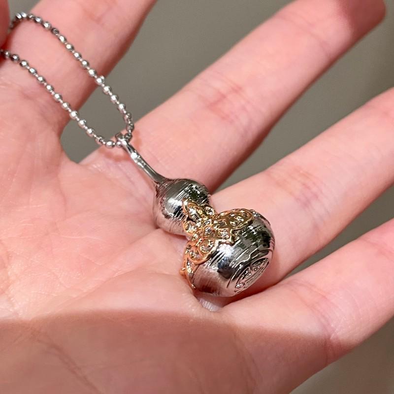 Chinese Retro Silver Gourd Necklace with Gold Hollow Carved Details - Clavicle Sweater Chain
