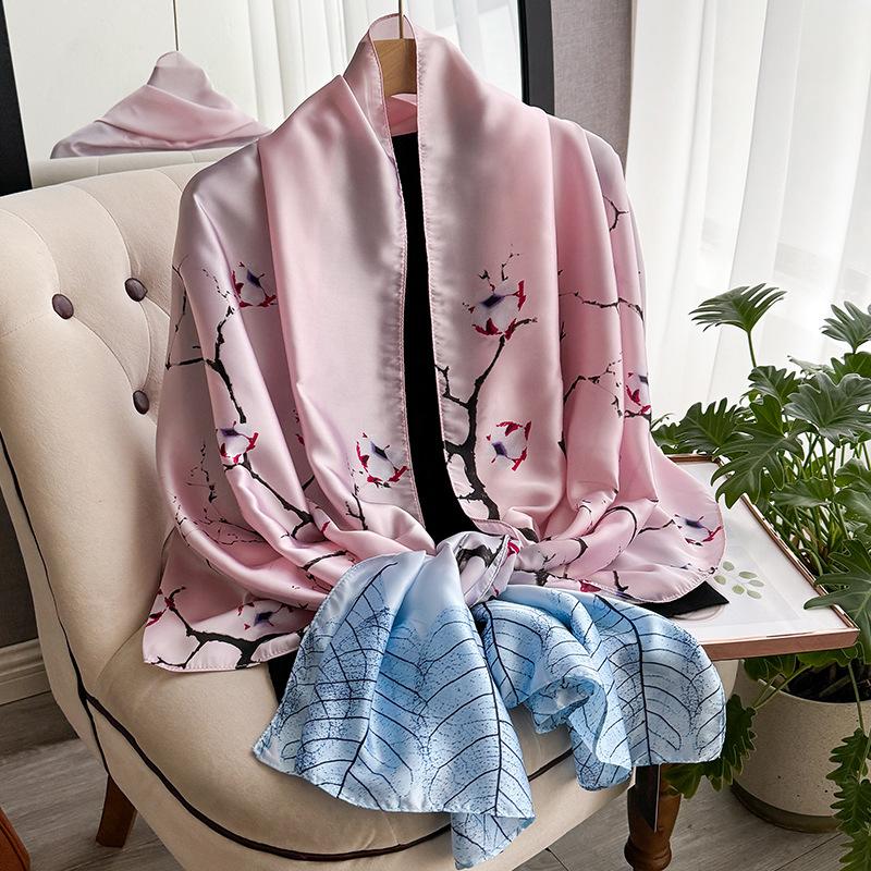 Summer Versatile Silk Scarf Premium Lijing Forging Long Scarf Travel Sunscreen Simulation Silk Flower Silk Scarf Women