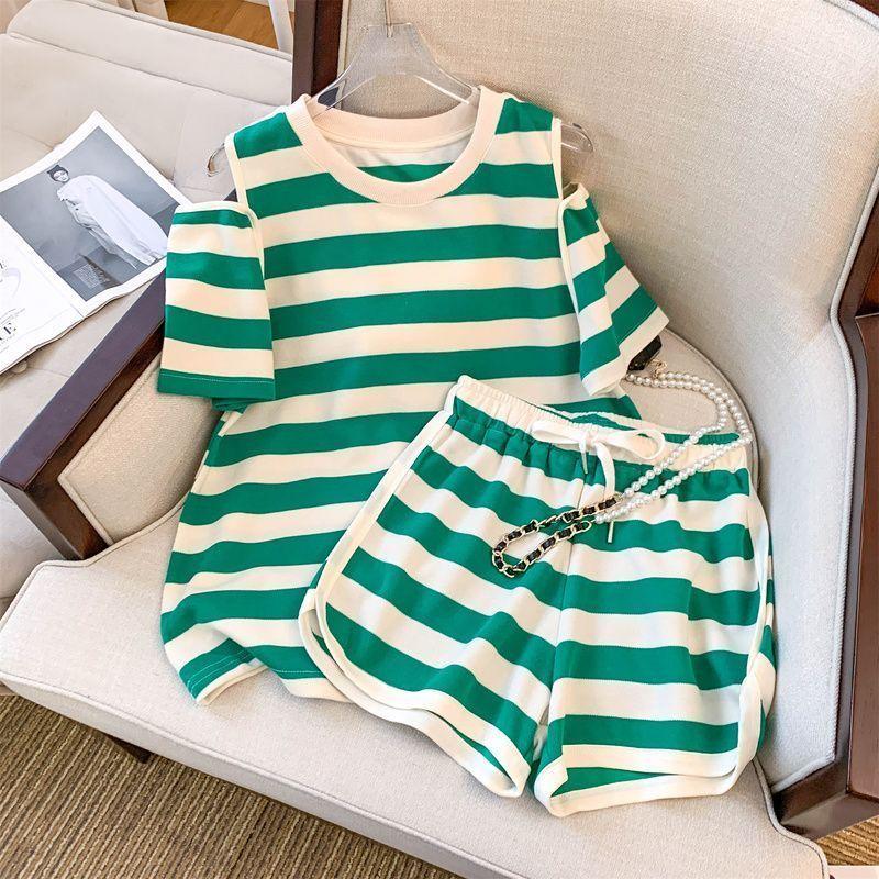 

Женский комплект из двух предметов, свободный розовый, зеленый, полосатый топ, эластичный пояс, широкие шорты, спортивные комплекты, летние M-2XL M