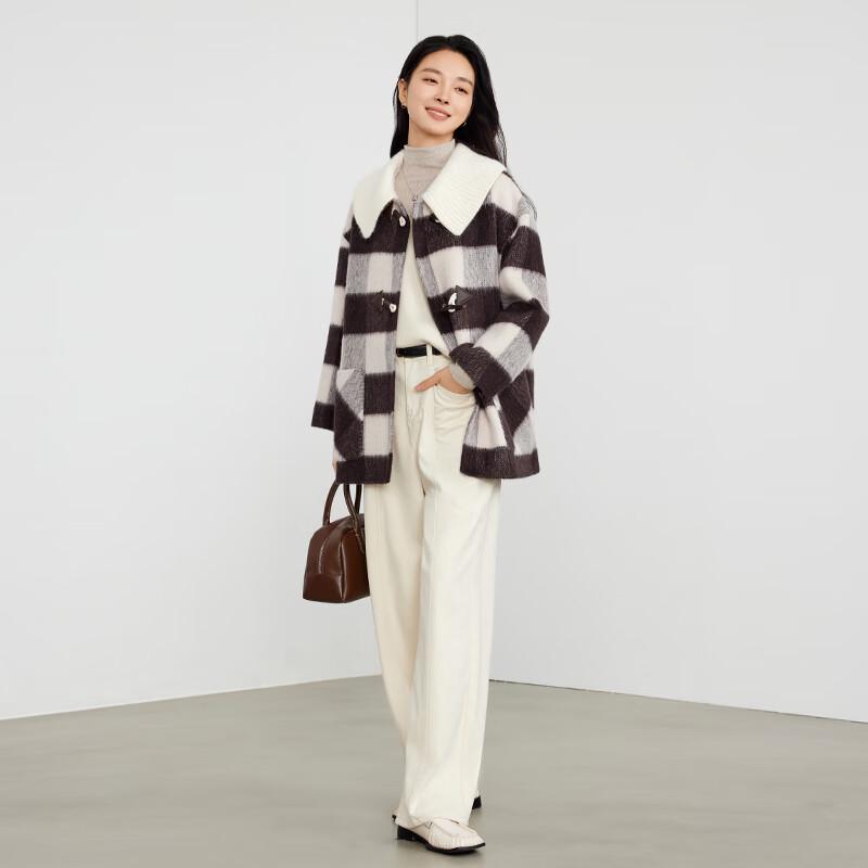 Elva' Island Women's Plaid Alpaca Wool Blend Thick Overcoat