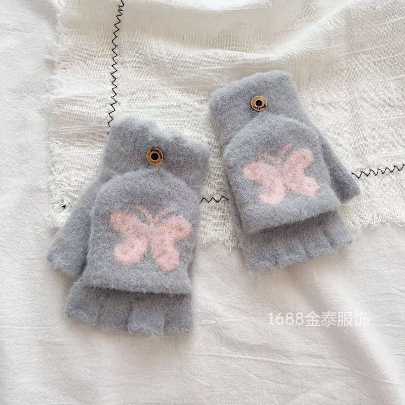 Bow Flip-top Knitted Gloves, New Plush Thickened Cold-proof Cartoon Warm Student Finger Versatile