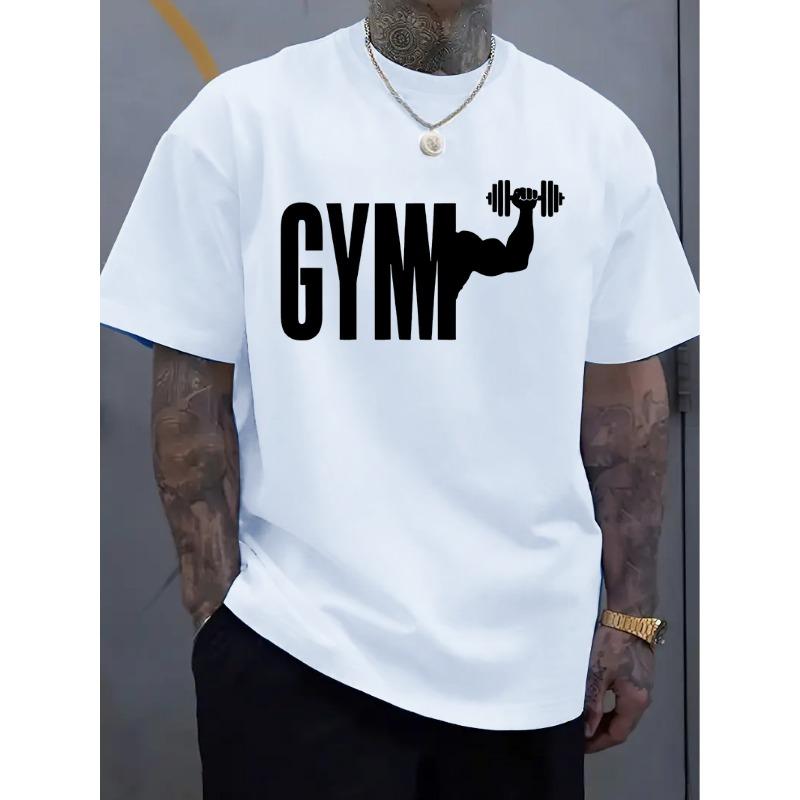 Men's Gym Graphic Tee, Casual Round Neck Short Sleeve T-Shirt, Geometric Print, Lightweight Summer Top, Regular Fit, for Daily Wear