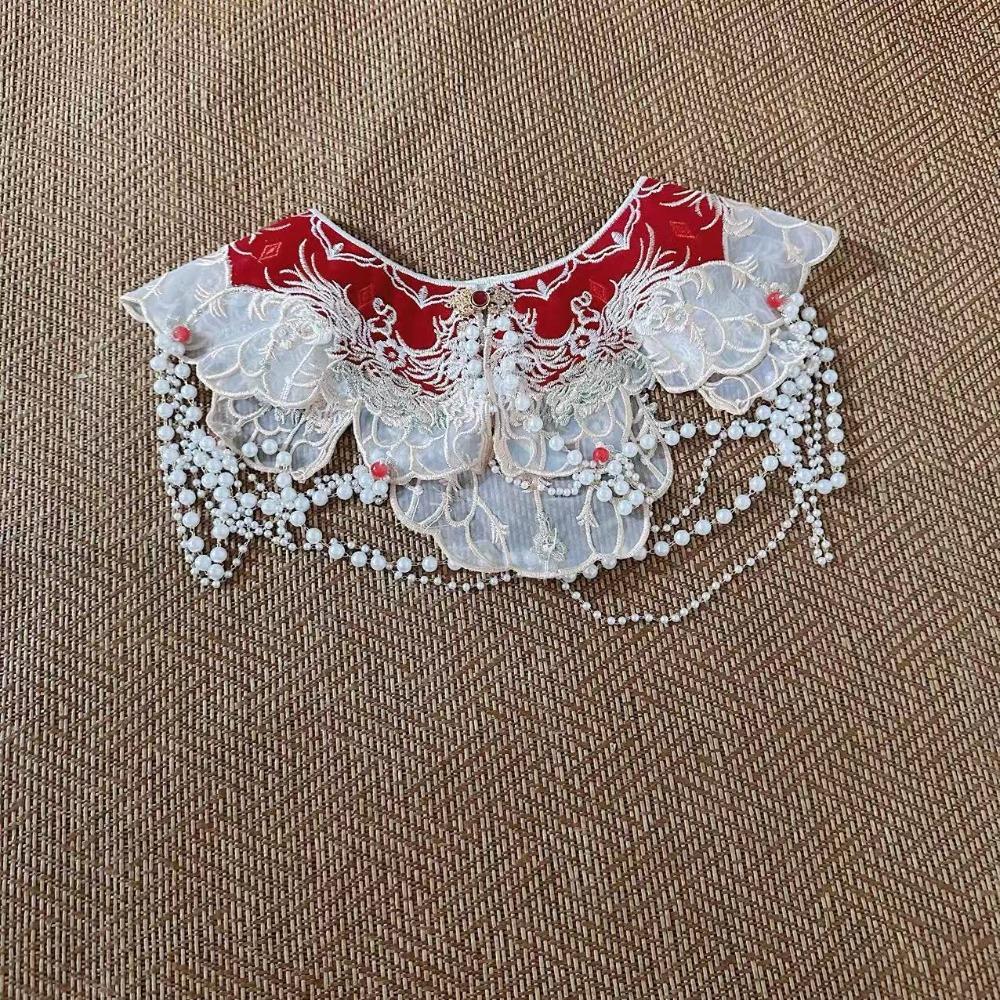 

Pearls Hanfu Collar Embroidered Shirt Fake Collar Elegant Shoulder Collar Cloth червоний