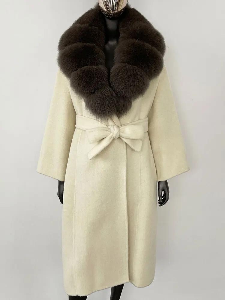 OFTBUY Kabát z pravé kožešiny 2024 Nadměrný dámský svrchní oděv Zimní dámská bunda s límcem z přírodní liščí kožešiny Kapuce Kašmírová vlněná směs Kabát